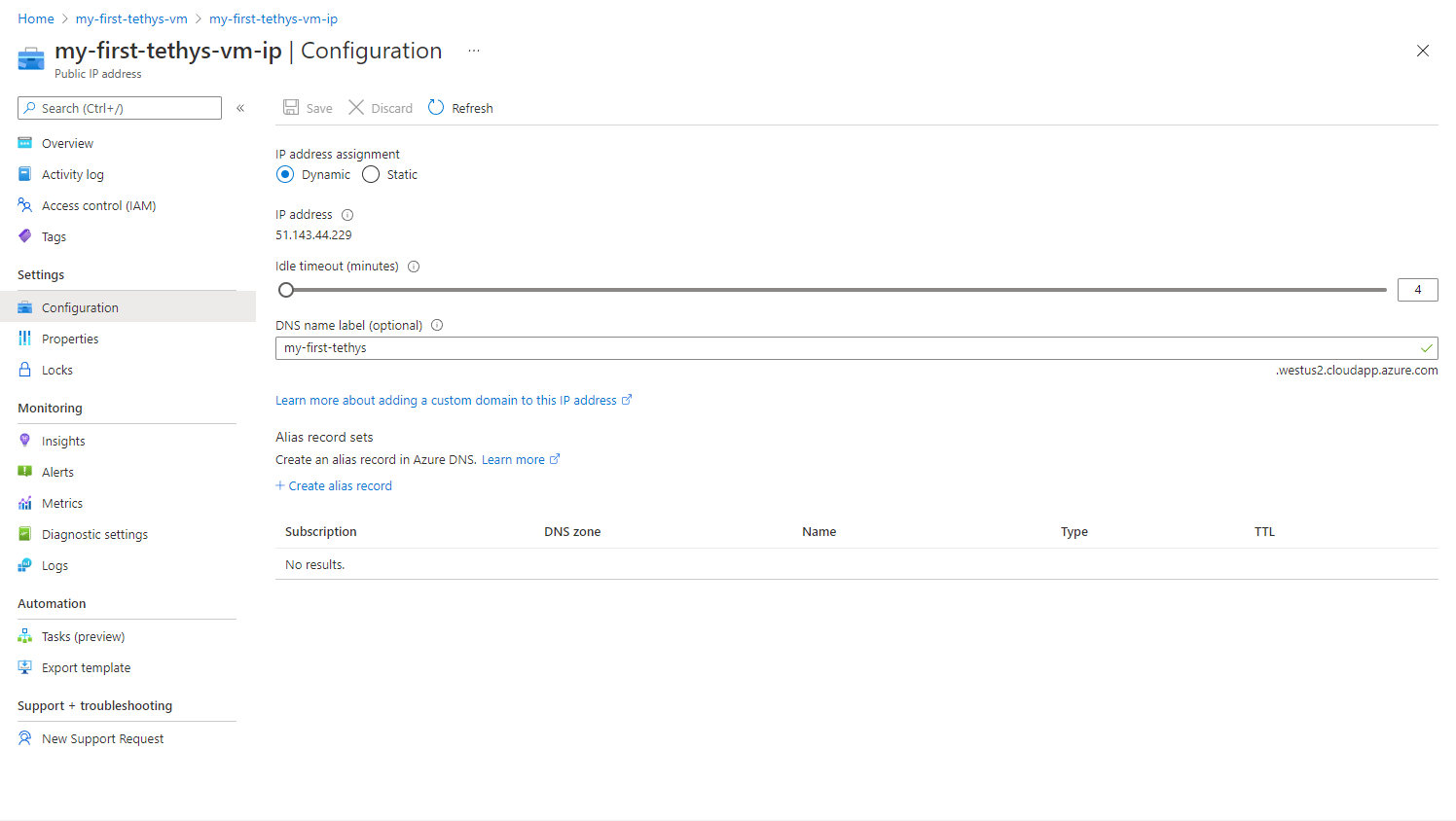 Screenshot of the domain name configuration page for an Azure VM