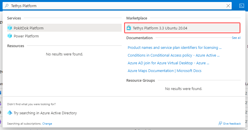 Search for the Tethys Platform image in the Azure Marketplace